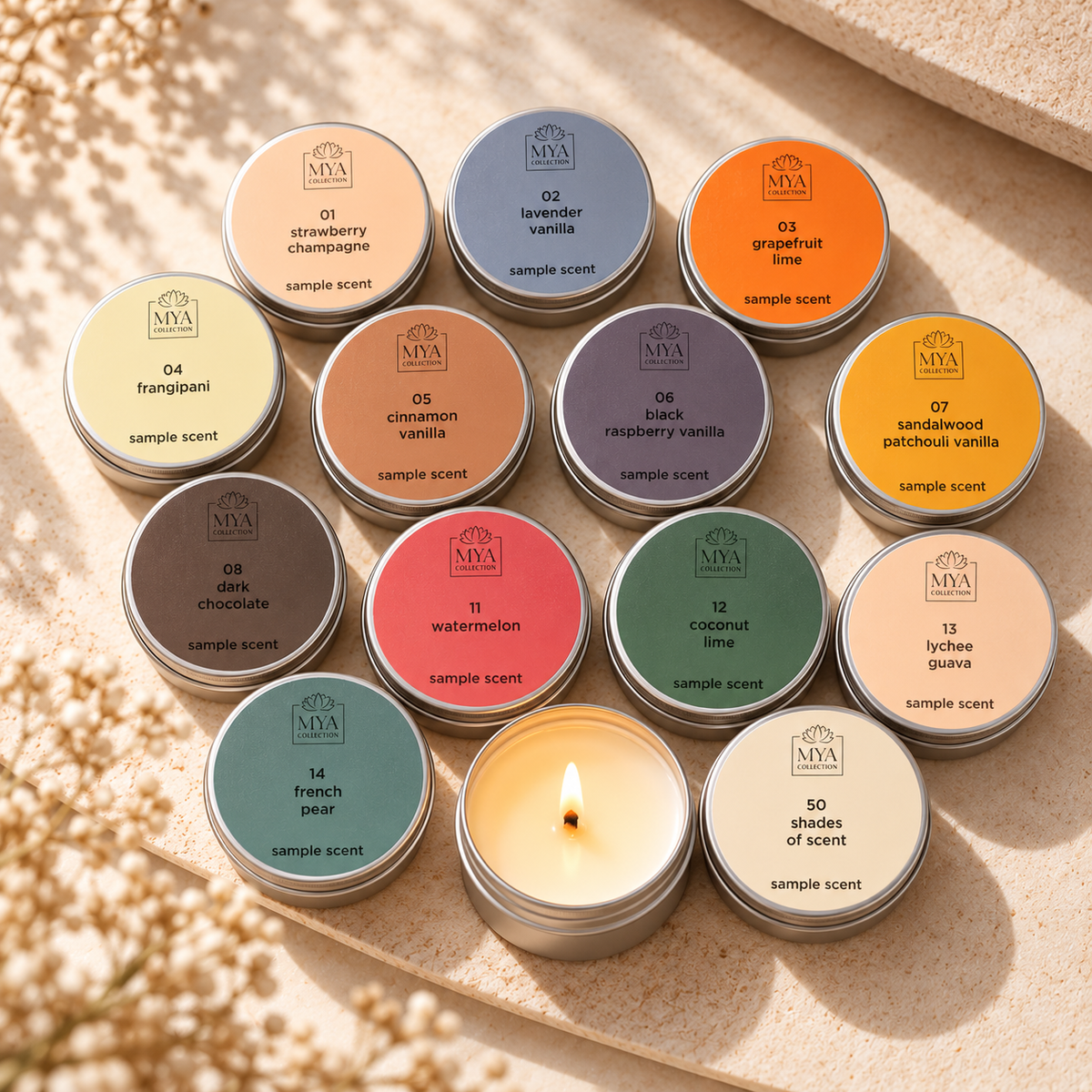 Mya Collection candle scent discovery set with 13 fragrance samples