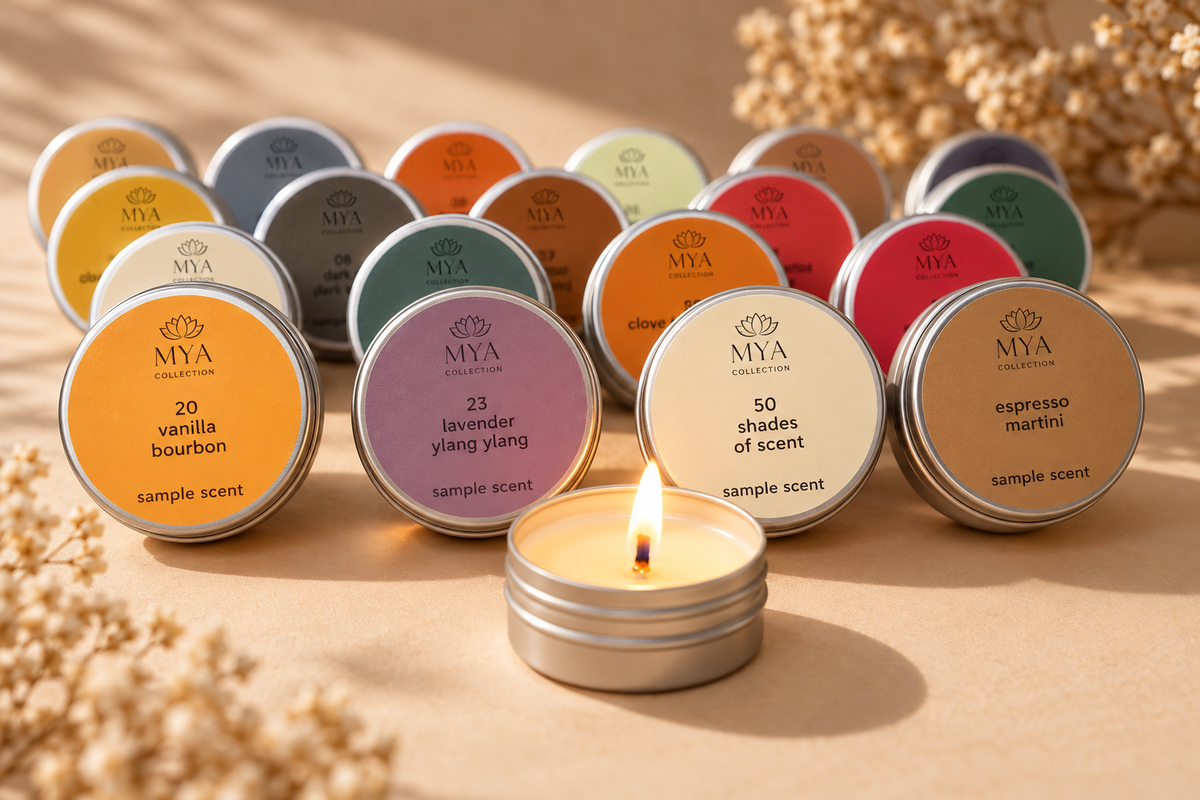 Mini candle fragrance sample burning with Mya Collection scent samples